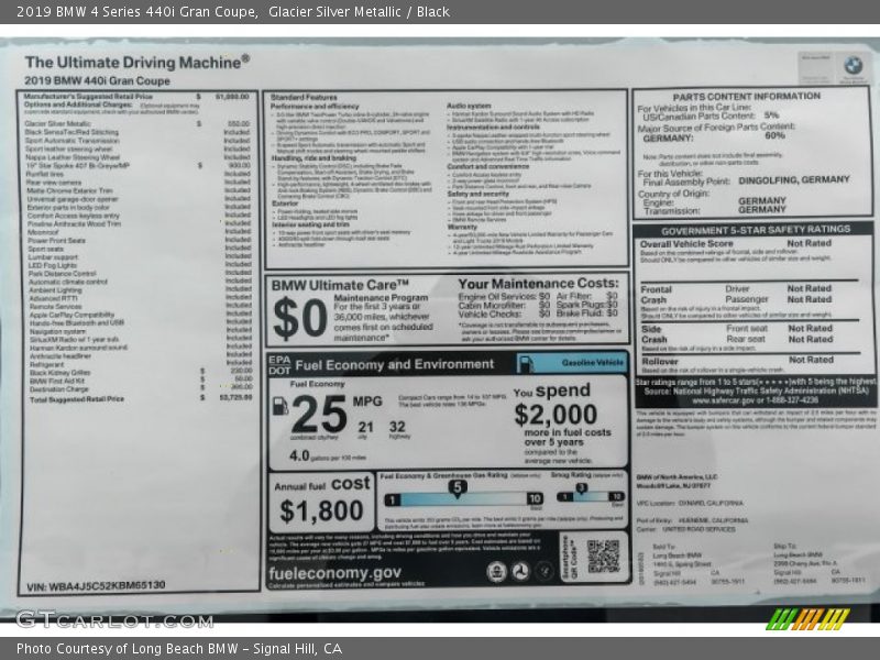  2019 4 Series 440i Gran Coupe Window Sticker