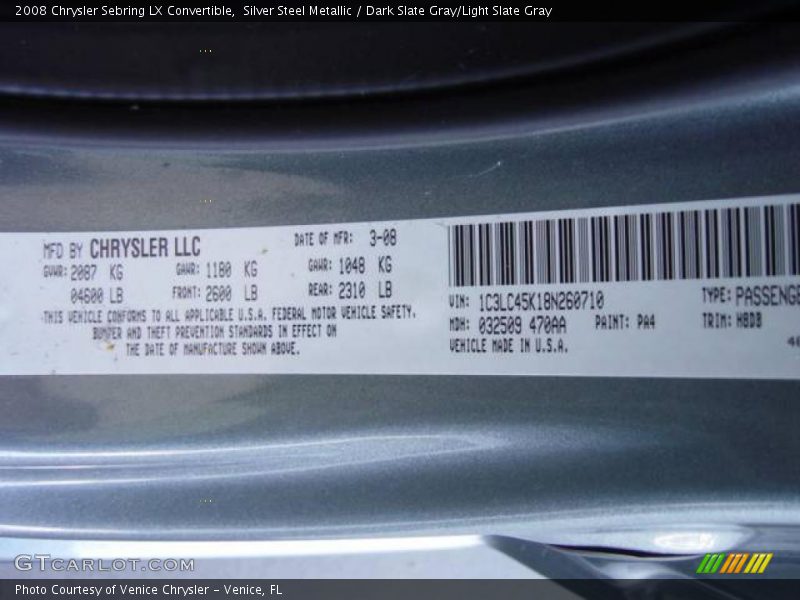 Silver Steel Metallic / Dark Slate Gray/Light Slate Gray 2008 Chrysler Sebring LX Convertible