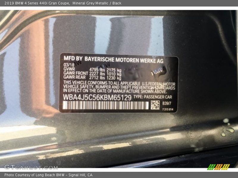 Mineral Grey Metallic / Black 2019 BMW 4 Series 440i Gran Coupe