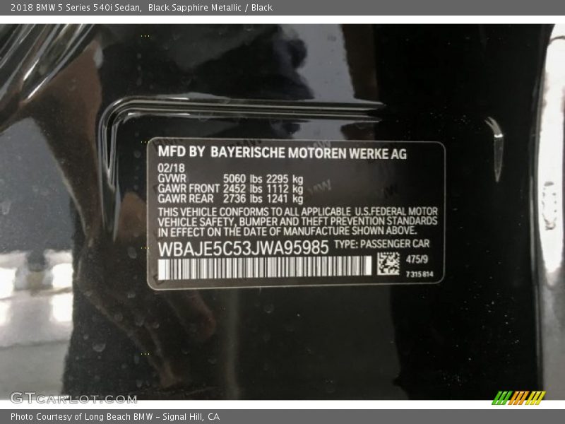 Black Sapphire Metallic / Black 2018 BMW 5 Series 540i Sedan