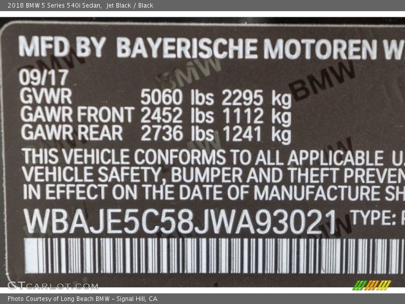 Jet Black / Black 2018 BMW 5 Series 540i Sedan