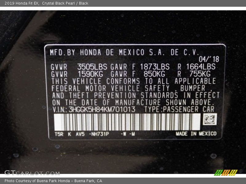 2019 Fit EX Crystal Black Pearl Color Code NH731P