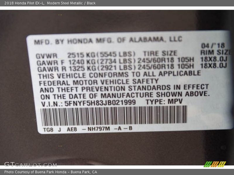 Modern Steel Metallic / Black 2018 Honda Pilot EX-L