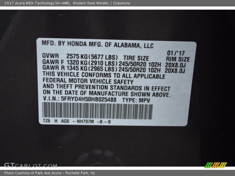 Modern Steel Metallic / Graystone 2017 Acura MDX Technology SH-AWD