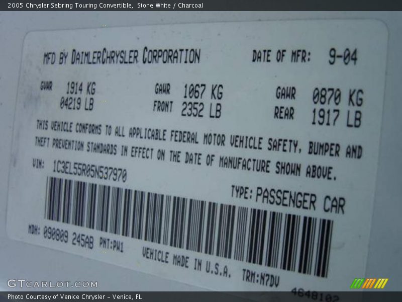 Stone White / Charcoal 2005 Chrysler Sebring Touring Convertible