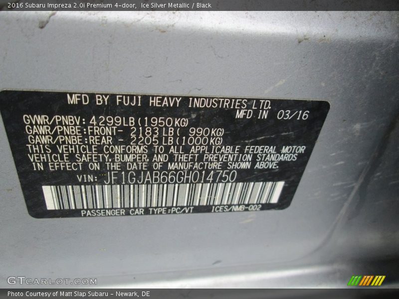 Ice Silver Metallic / Black 2016 Subaru Impreza 2.0i Premium 4-door