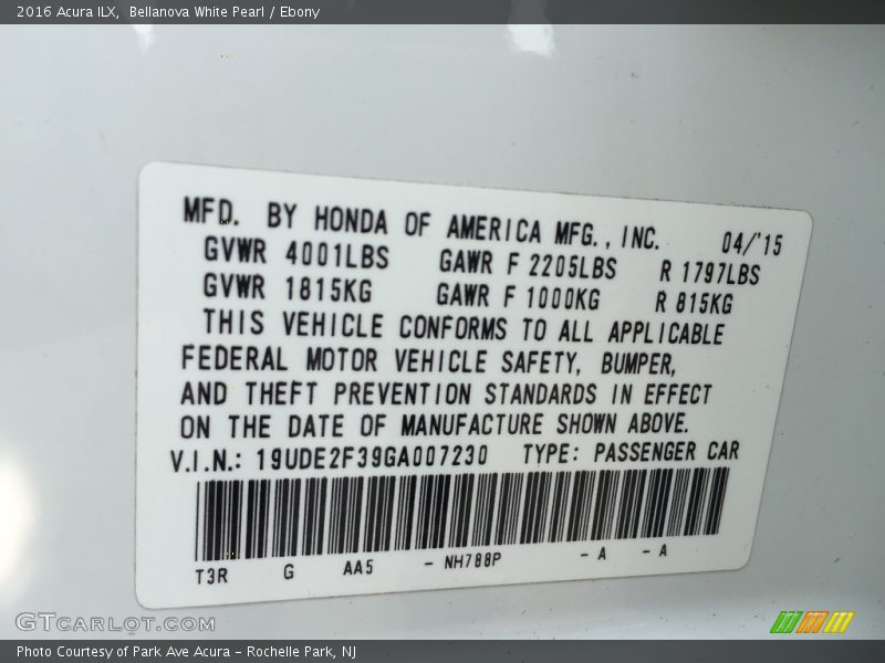 Bellanova White Pearl / Ebony 2016 Acura ILX
