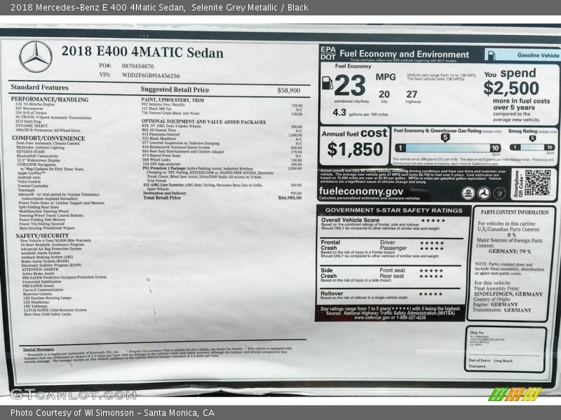  2018 E 400 4Matic Sedan Window Sticker