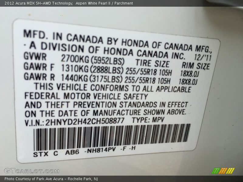 Aspen White Pearl II / Parchment 2012 Acura MDX SH-AWD Technology
