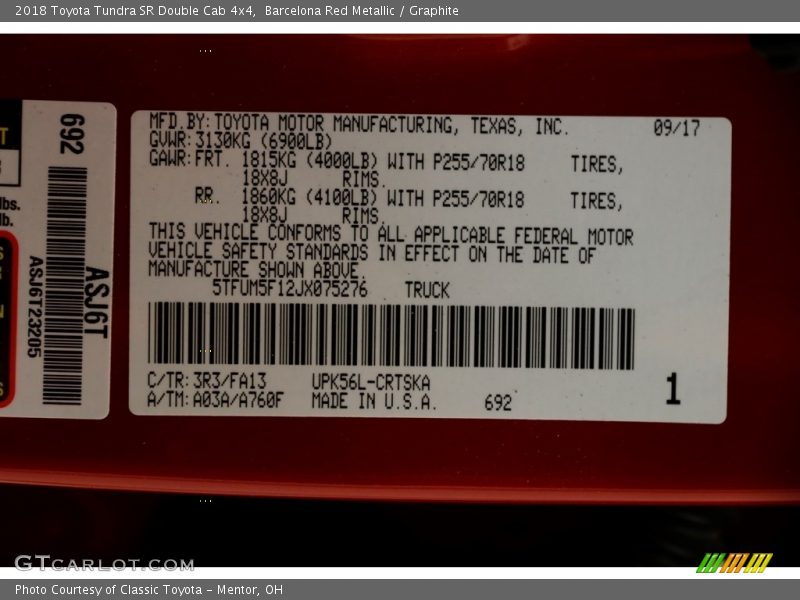 2018 Tundra SR Double Cab 4x4 Barcelona Red Metallic Color Code 3R3