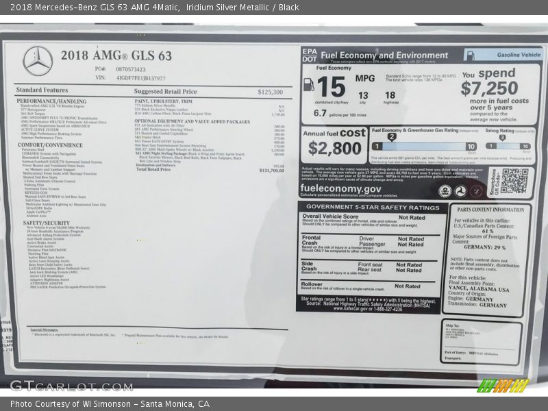  2018 GLS 63 AMG 4Matic Window Sticker