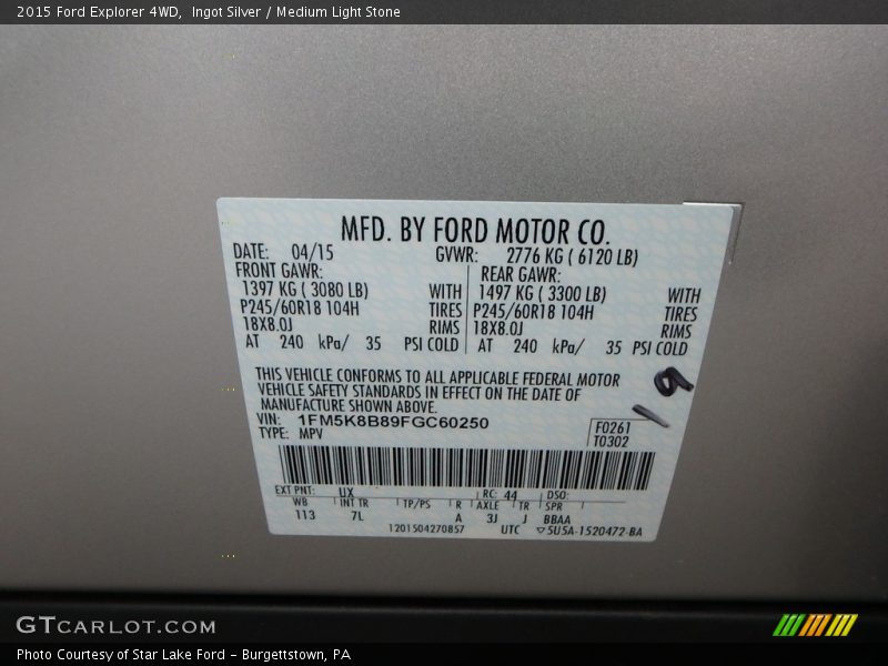 Ingot Silver / Medium Light Stone 2015 Ford Explorer 4WD