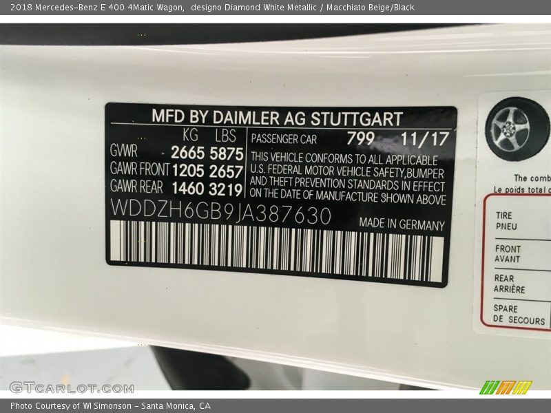 2018 E 400 4Matic Wagon designo Diamond White Metallic Color Code 799