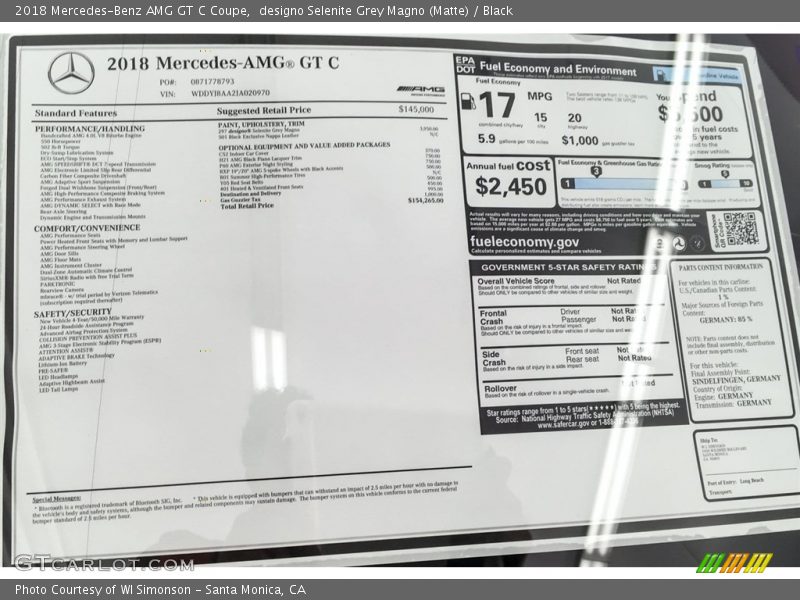  2018 AMG GT C Coupe Window Sticker