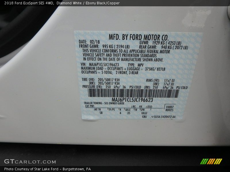Diamond White / Ebony Black/Copper 2018 Ford EcoSport SES 4WD