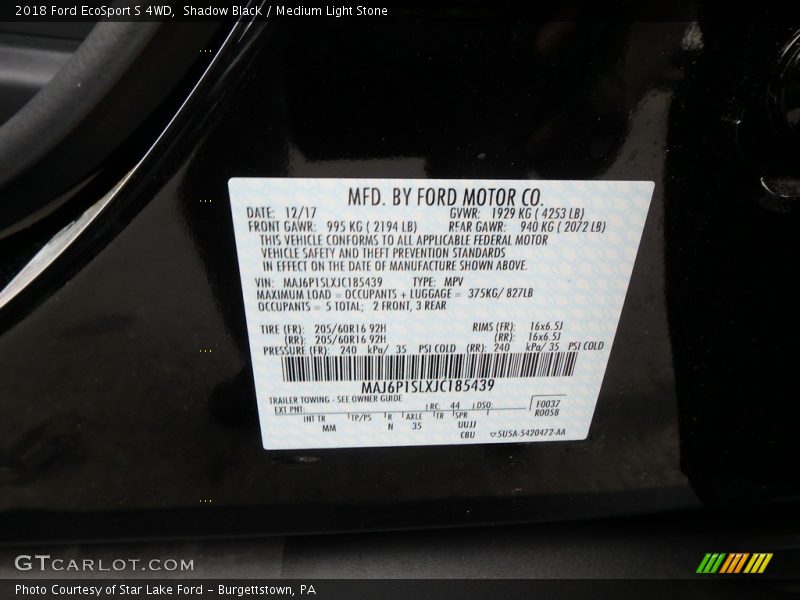 Shadow Black / Medium Light Stone 2018 Ford EcoSport S 4WD
