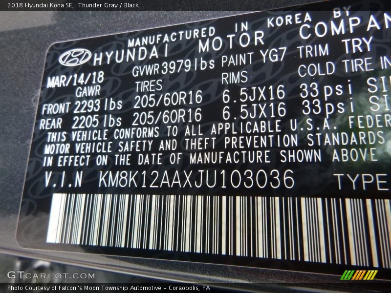 Thunder Gray / Black 2018 Hyundai Kona SE