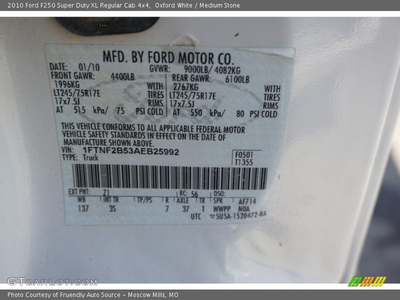 Oxford White / Medium Stone 2010 Ford F250 Super Duty XL Regular Cab 4x4
