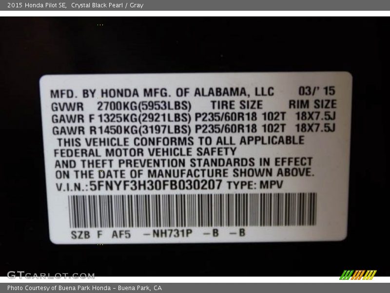 Crystal Black Pearl / Gray 2015 Honda Pilot SE