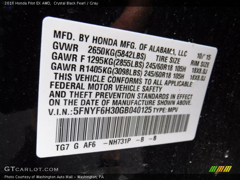 Crystal Black Pearl / Gray 2016 Honda Pilot EX AWD