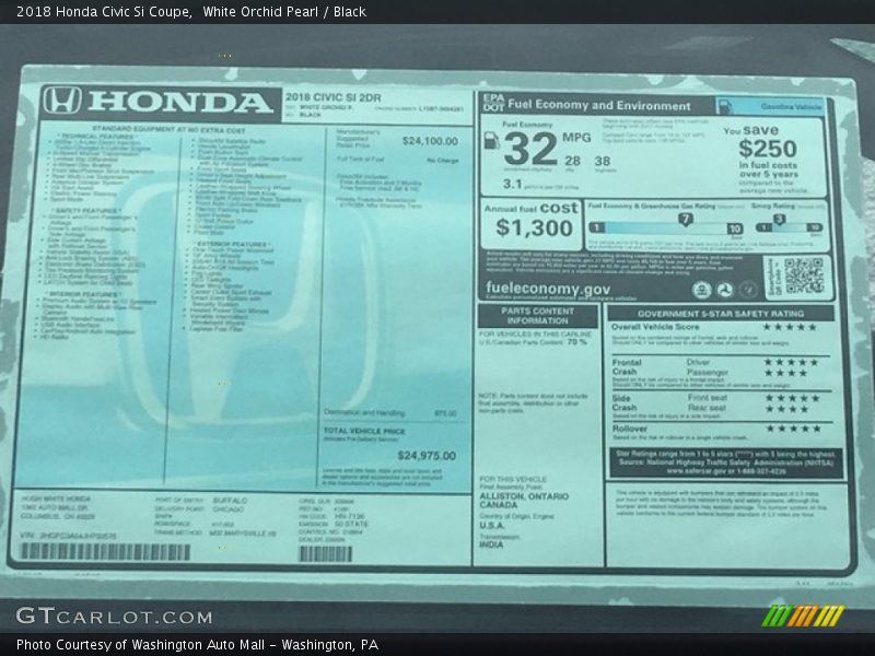 White Orchid Pearl / Black 2018 Honda Civic Si Coupe
