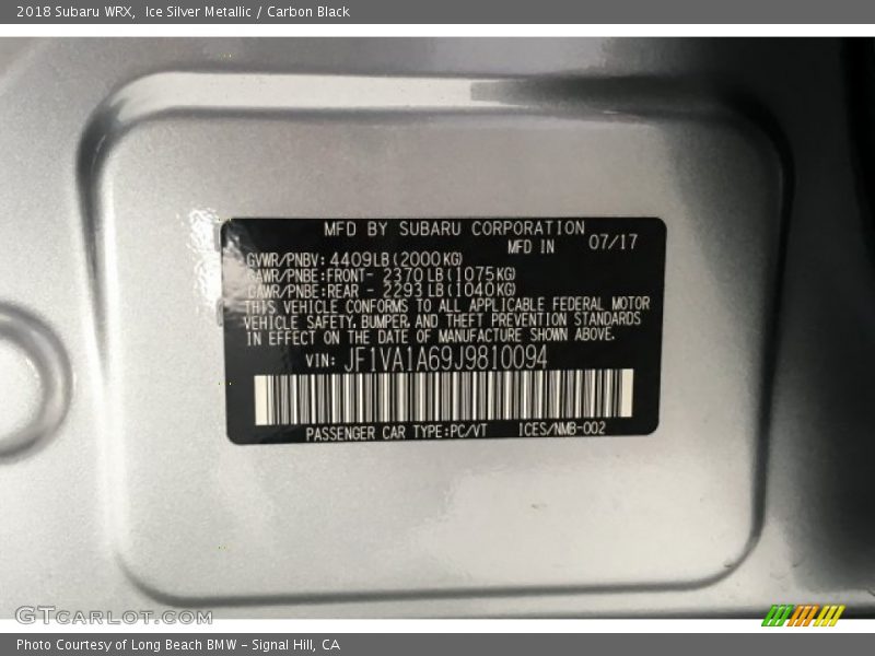 Ice Silver Metallic / Carbon Black 2018 Subaru WRX