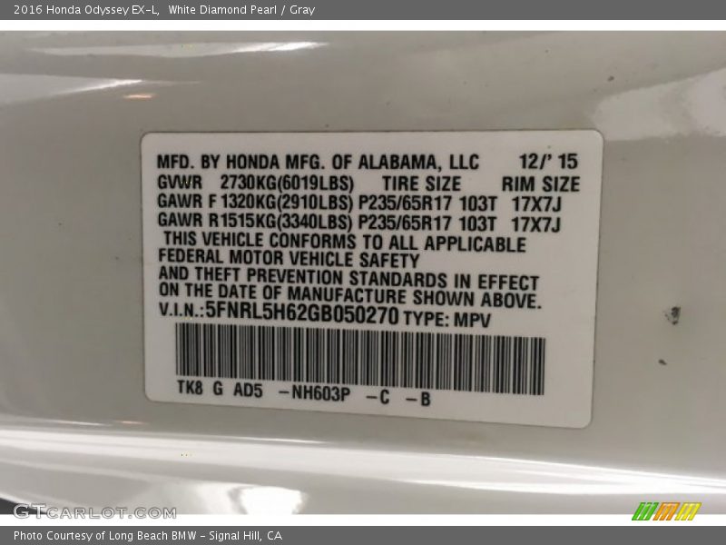 White Diamond Pearl / Gray 2016 Honda Odyssey EX-L