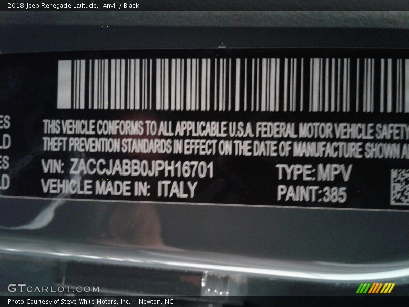 Anvil / Black 2018 Jeep Renegade Latitude