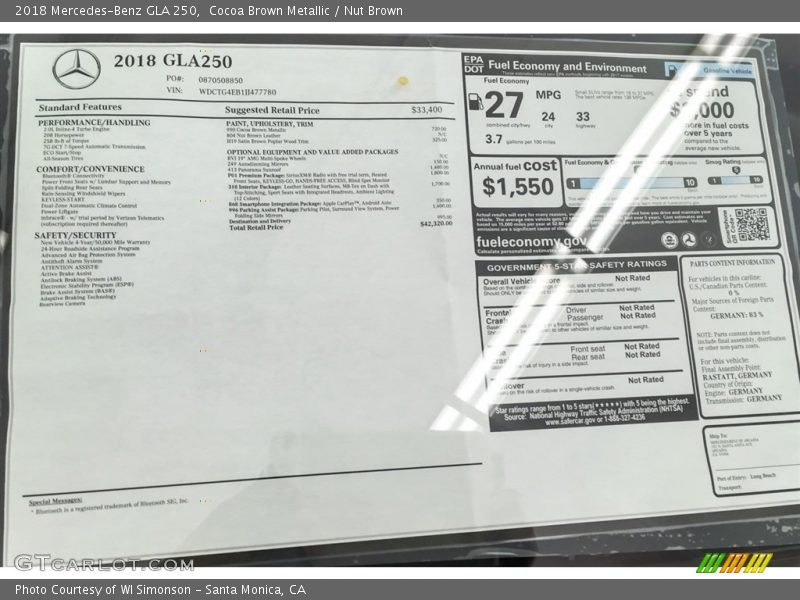  2018 GLA 250 Window Sticker