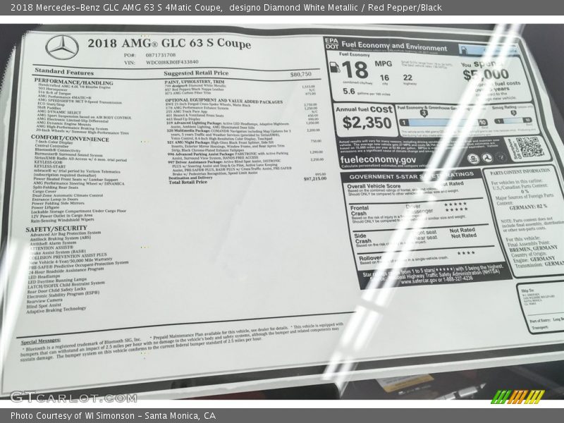  2018 GLC AMG 63 S 4Matic Coupe Window Sticker