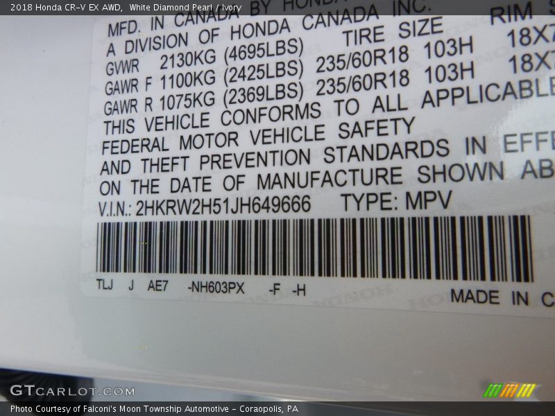 White Diamond Pearl / Ivory 2018 Honda CR-V EX AWD