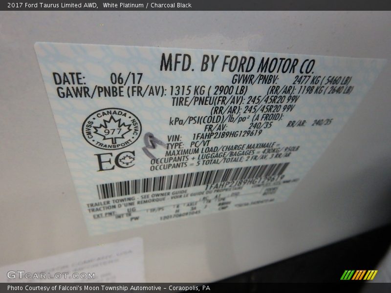 White Platinum / Charcoal Black 2017 Ford Taurus Limited AWD