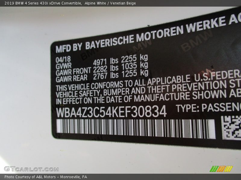 Alpine White / Venetian Beige 2019 BMW 4 Series 430i xDrive Convertible