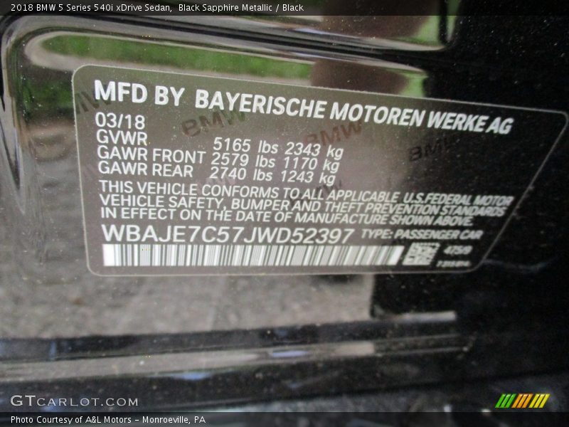 Black Sapphire Metallic / Black 2018 BMW 5 Series 540i xDrive Sedan