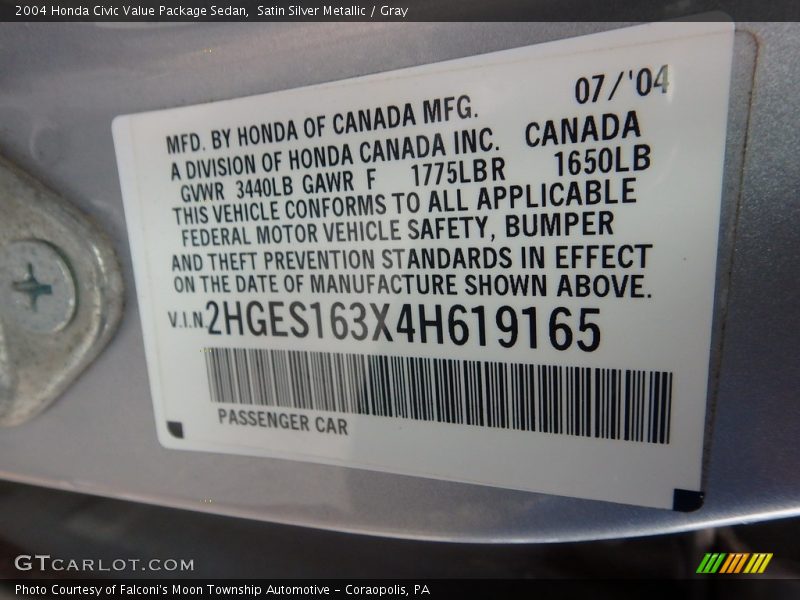 Satin Silver Metallic / Gray 2004 Honda Civic Value Package Sedan