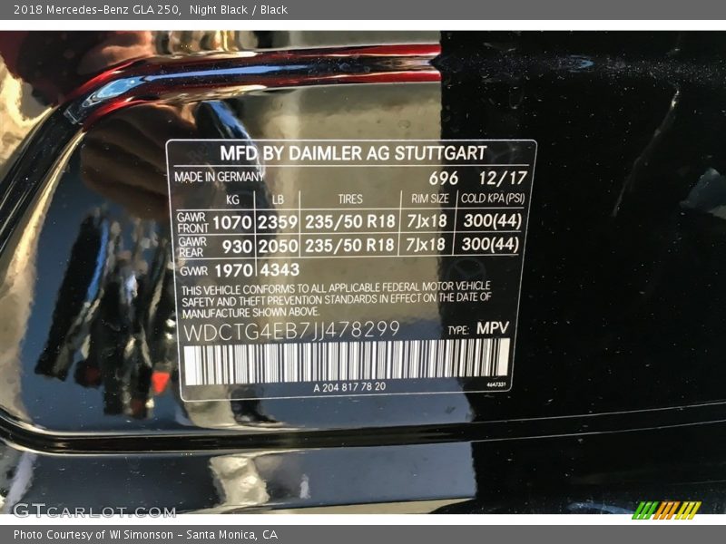 Night Black / Black 2018 Mercedes-Benz GLA 250