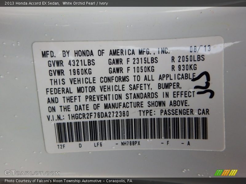 White Orchid Pearl / Ivory 2013 Honda Accord EX Sedan