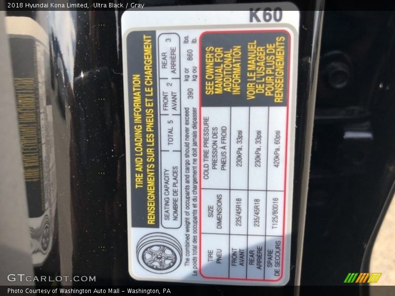 Info Tag of 2018 Kona Limited