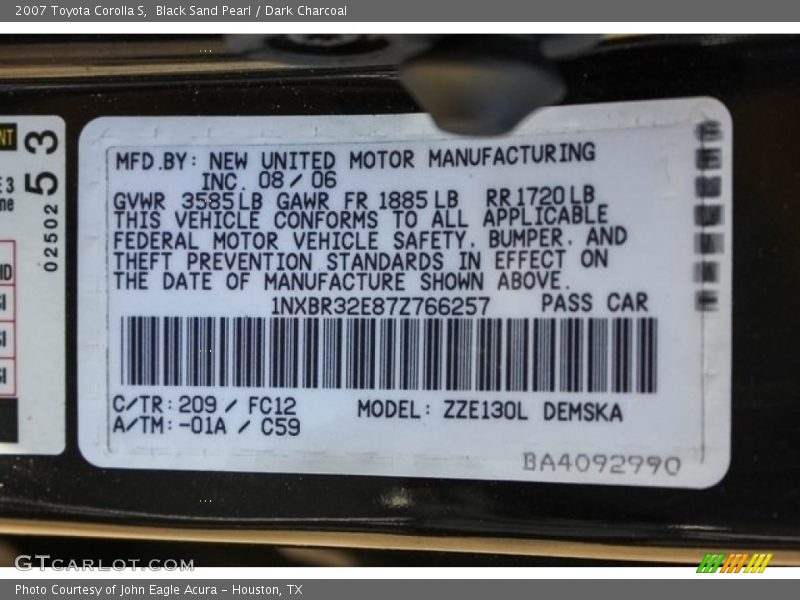 Black Sand Pearl / Dark Charcoal 2007 Toyota Corolla S