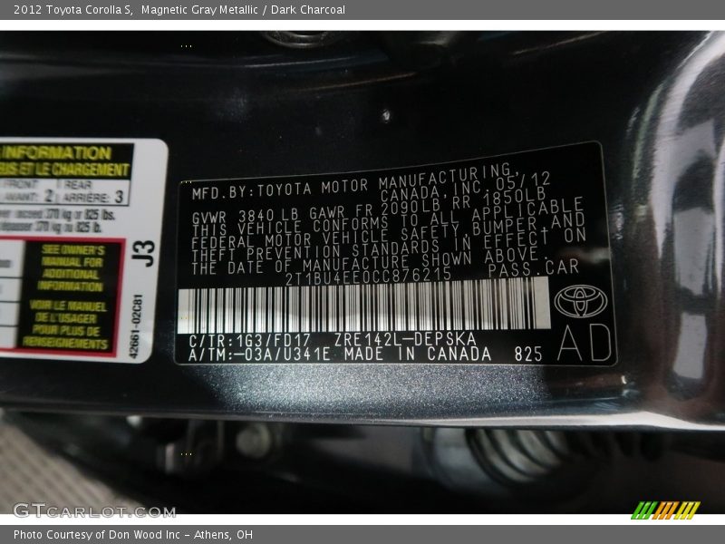 Magnetic Gray Metallic / Dark Charcoal 2012 Toyota Corolla S