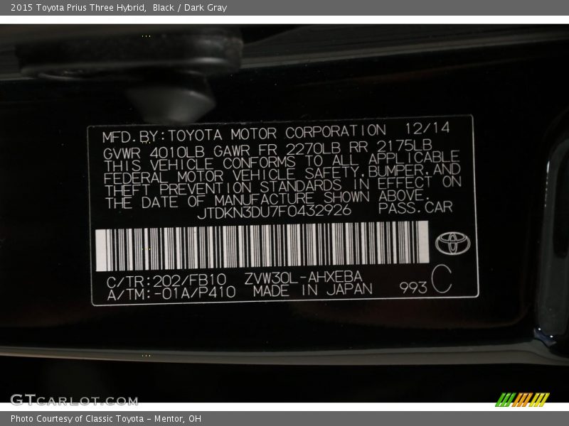 Black / Dark Gray 2015 Toyota Prius Three Hybrid