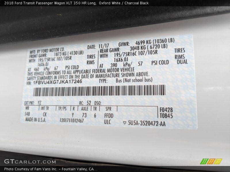 2018 Transit Passenger Wagon XLT 350 HR Long Oxford White Color Code YZ