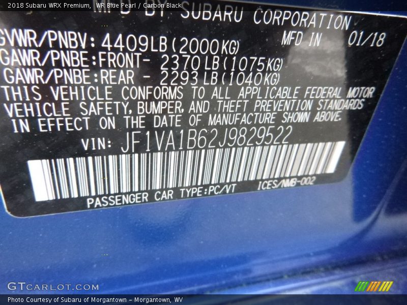 WR Blue Pearl / Carbon Black 2018 Subaru WRX Premium