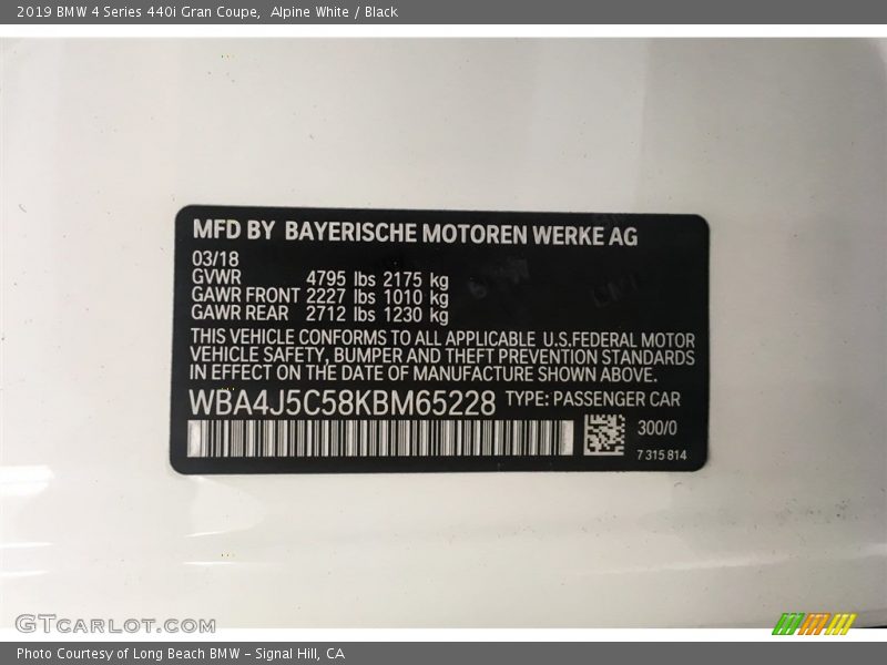 2019 4 Series 440i Gran Coupe Alpine White Color Code 300