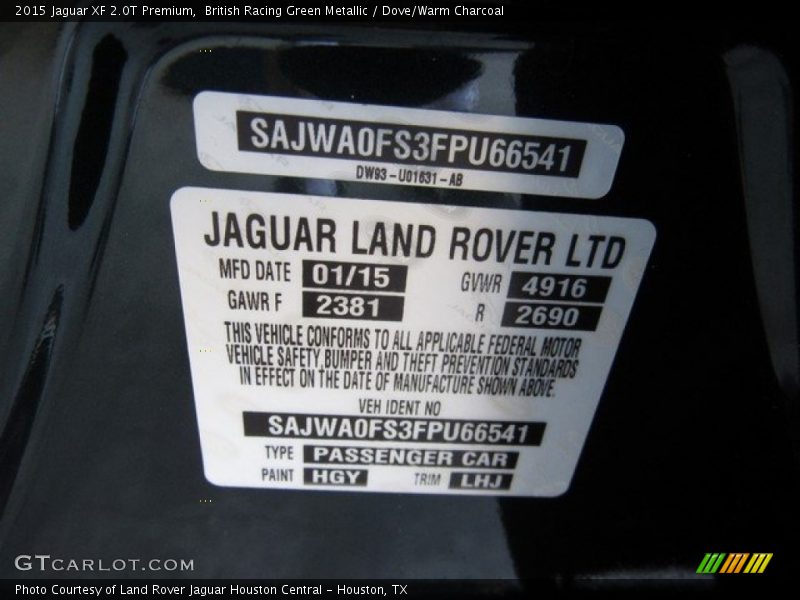 British Racing Green Metallic / Dove/Warm Charcoal 2015 Jaguar XF 2.0T Premium