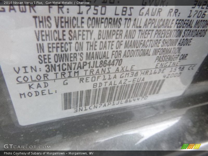 Gun Metal Metallic / Charcoal 2018 Nissan Versa S Plus
