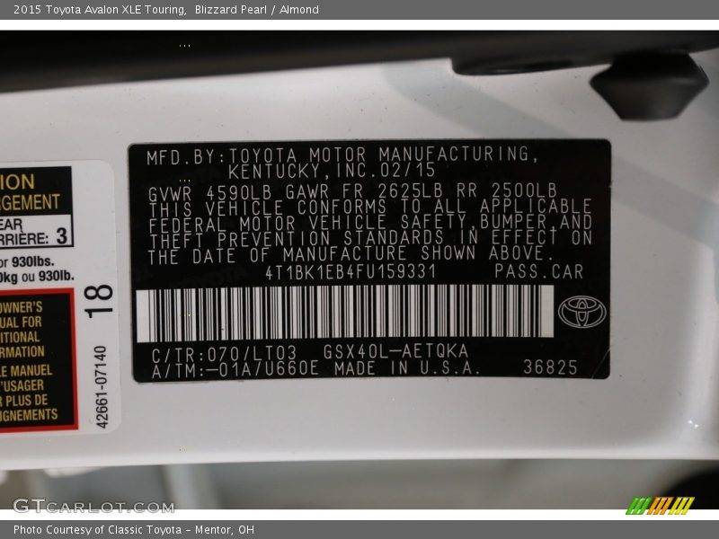 Blizzard Pearl / Almond 2015 Toyota Avalon XLE Touring