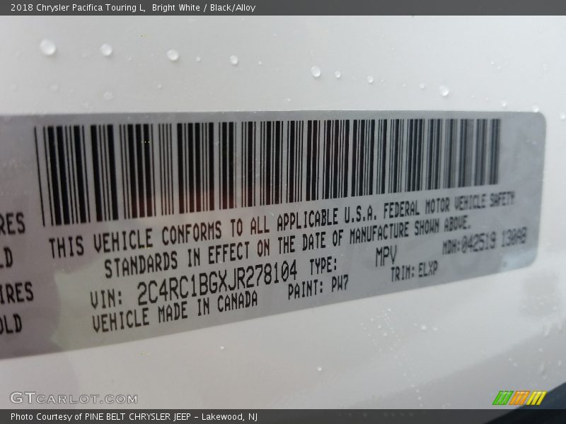 Bright White / Black/Alloy 2018 Chrysler Pacifica Touring L