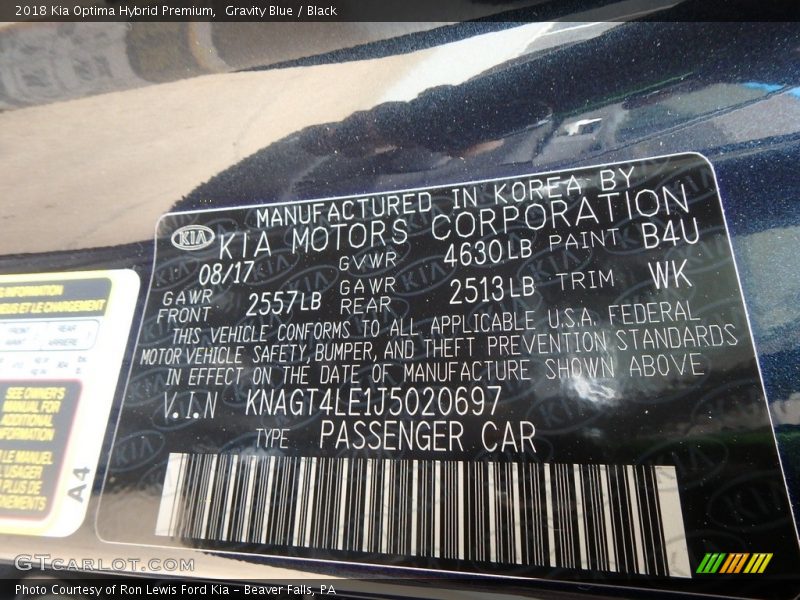2018 Optima Hybrid Premium Gravity Blue Color Code B4U
