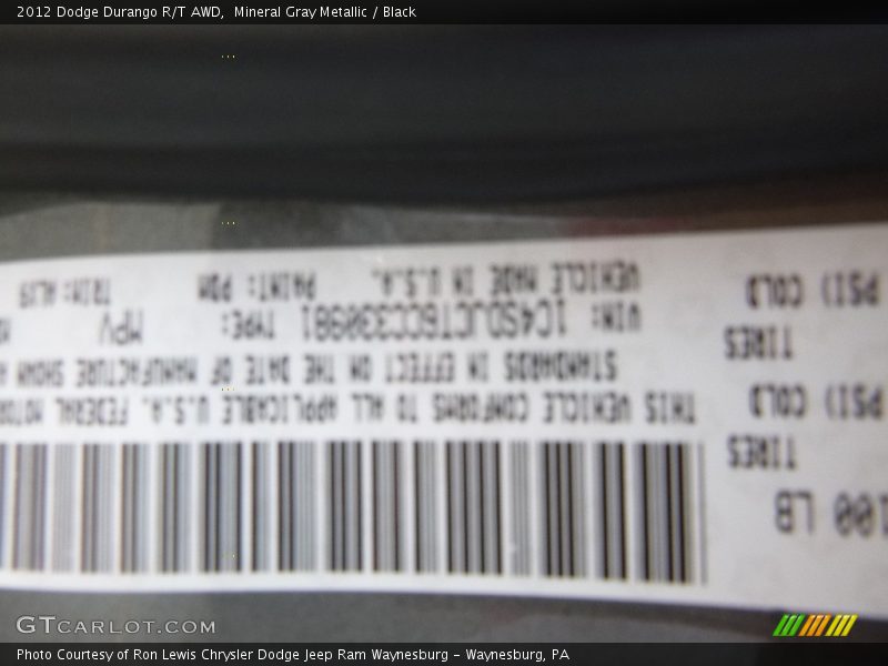 Mineral Gray Metallic / Black 2012 Dodge Durango R/T AWD
